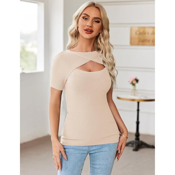 🆕 Women Tan Casual Basic Knit Summer Fashion Trendy Slim Fit Sweater T Shirt - Picture 2 of 6